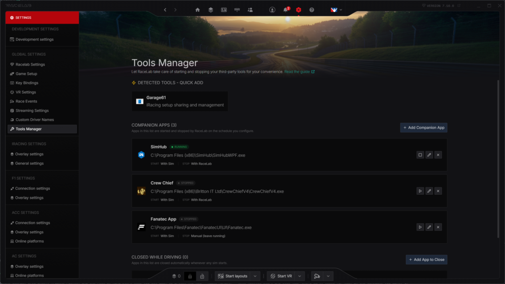 Racelab 7.10 bekommt einen Tools Manager und und der ist ziemlich praktisch